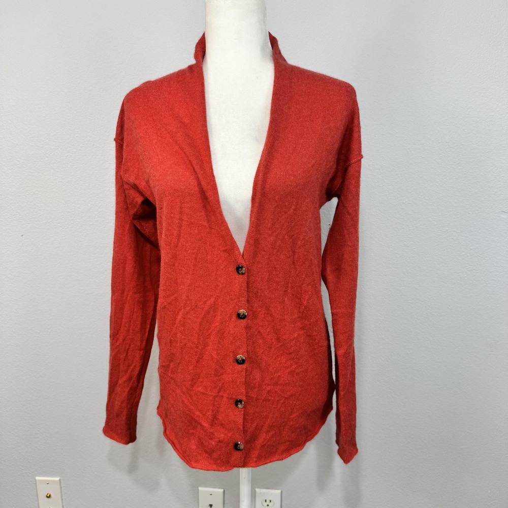White + Warren Sweater Women's Large‎ Red Orange Cashmere V Neck Cardigan Luxury
